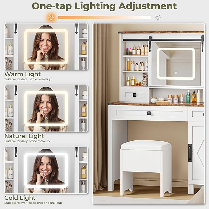 IRONCK Farmhouse Vanity Desk with Sliding Mirror & Lights, Glass Top Makeup Vanity Table with Power Outlet, 3 Color Lighting Modes, 4 Drawers & Storage Cabinet, Includes Cushioned Stool for Bedroom