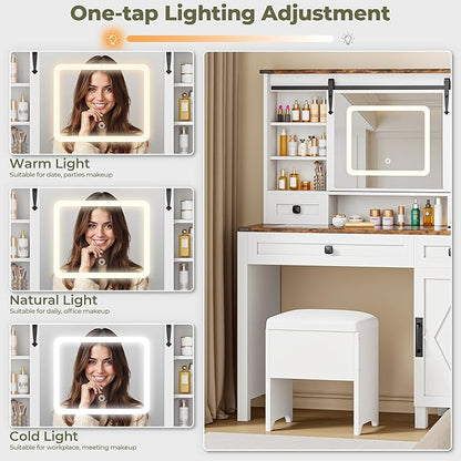 IRONCK Farmhouse Vanity Desk with Sliding Mirror & Lights, Glass Top Makeup Vanity Table with Power Outlet, 3 Color Lighting Modes, 4 Drawers & Storage Cabinet, Includes Cushioned Stool for Bedroom