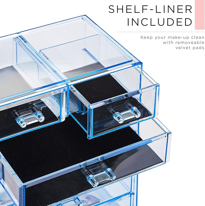 Sorbus Clear Cosmetic Makeup Organizer - Make Up & Jewelry Storage, Case & Display - Spacious Design - Great for Dresser, Bathroom, Vanity & Countertop (4 Large, 2 Small Drawers) [Blue Brilliance]
