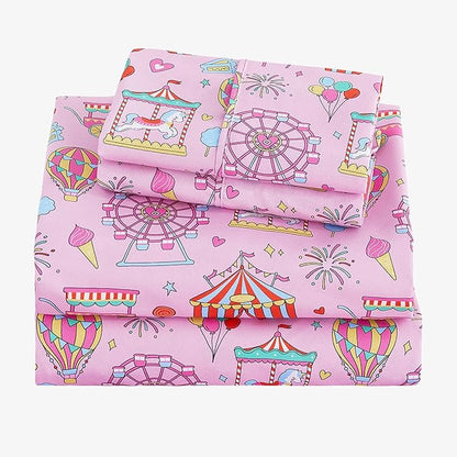 Viviland 3 Pieces Girls Pink Amusement Park Twin Sheet Set - Soft Microfiber Fitted Flat Sheets & Pillowcase - Kids Skyscraper Wheel Print Bedding Sets - for Kids & Toddlers