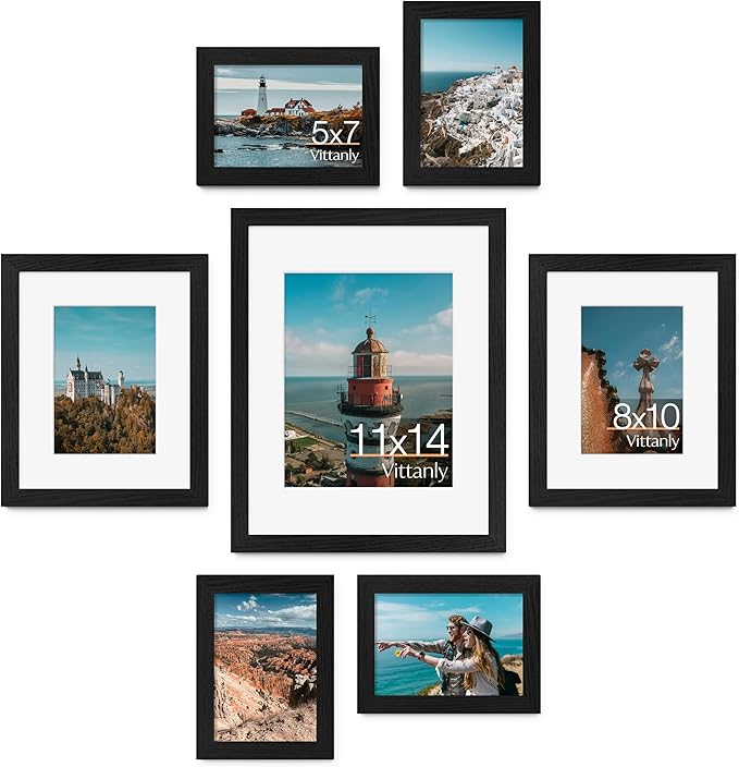 Vittanly 7 Pack Picture Frames, Picture Frames Collage Wall Decor for Wall or Tabletop Display, Multi Sizes with 1Pcs 11x14, 2Pcs 8x10 and 4Pcs 5x7 Photo Frames, Gallery Wall Frame Set in Black