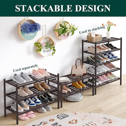 Smiry Bamboo Shoe Rack 6-Tier, Stackable Wooden Shoe Organizer for Entryway & Closet, Free Standing Wood Shoe Storage Shelf for Front Door & Small Spaces, Brown