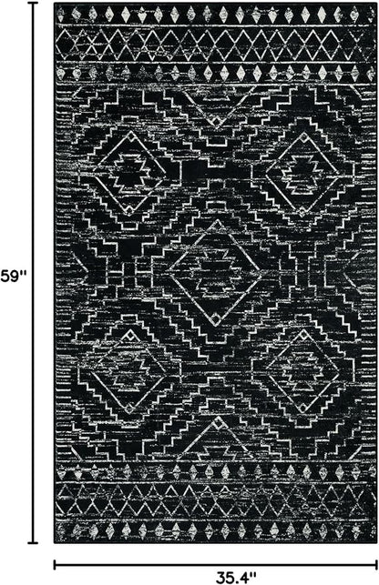 Wonnitar Moroccan 3x5 Rug, Black Washable Small Rug for Bedroom, Non-Slip Geometric Tribal Entry Throw Mat, Boho Farmhouse Rustic Soft Low Pile Area Rug for Bathroom Dining Guest Room (Black,3'x5')
