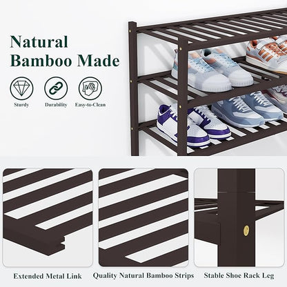 Smiry Shoe Rack, 3 Tier Thick Bamboo Shoe Organizer, Stackable Free Standing Wooden Shoe Storage Shelf for Closet, Entryway, Front Door Entrance, Brown