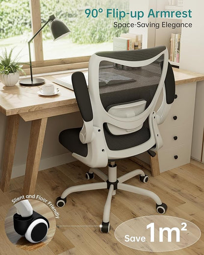 Office Chair, Ergonomic Desk Chair with Adjustable Lumbar Support and Flip up Armrest, Breathable Mesh Computer Chair for Home Office, White
