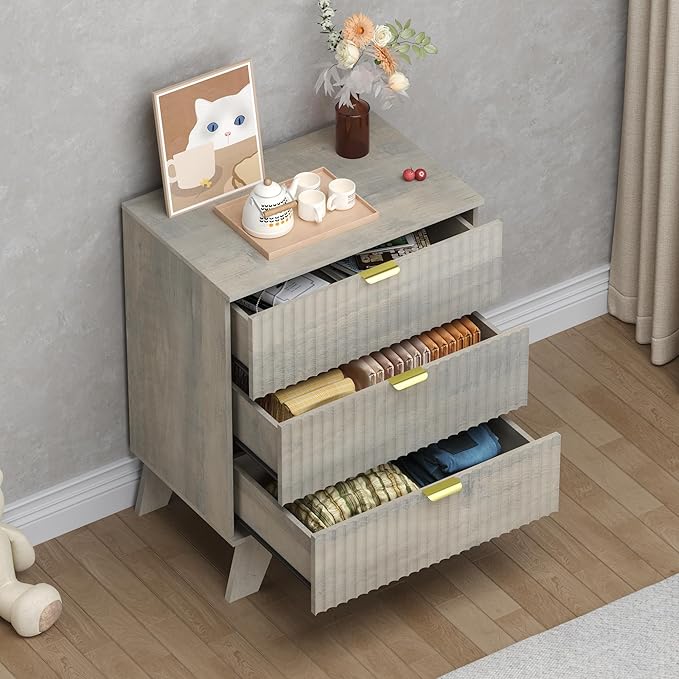 Fluted 3 Drawer Dresser, 30.3" Tall Compact Modern Boho Chest of Drawers, Wooden Storage Cabinet for Bedroom, Living Room, Entryway, Curved Profile Design