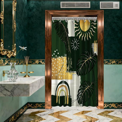 Small Stall Narrow Green and Gold Shower Curtain Boho Stand Up Abstract Shower Curtains for Rv Camper Bathroom Decor Sets, Waterproof Cloth Fabric with Hooks, 48 x 72 Inch