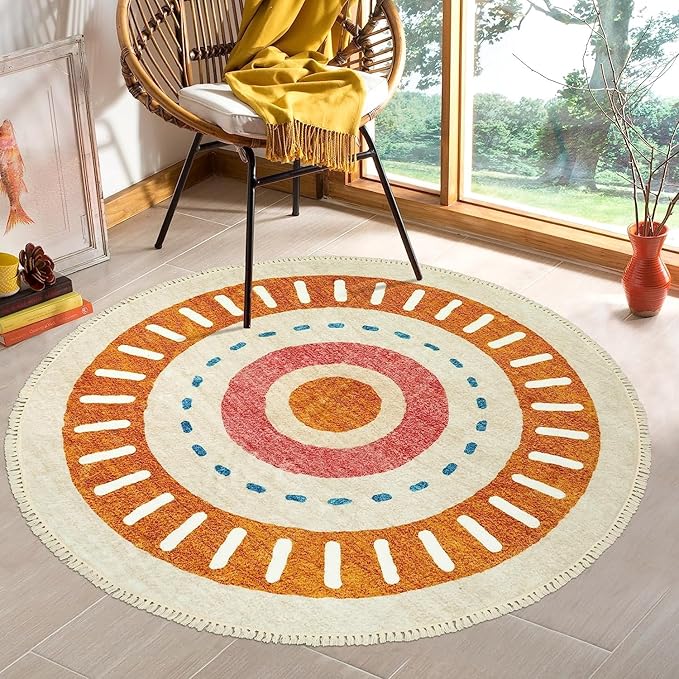 Lukinbox Boho Round Kids Rug - 6ft Sun Washable Nursery Area Rug for Living Room, Super Soft Non-Slip Circle Playroom Rugs, Colorful Rainbow Circular Rugs for Bedroom Dinning Room