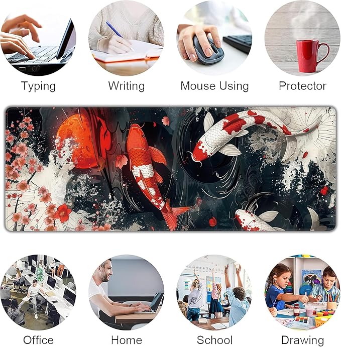 Koi Fish Large Mouse Pad, Gaming Keyboard Desk Pad, Extended Mouse Mat Non-Slip