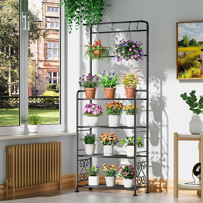 Plant Stand Indoor Outdoor Heavy Duty Metal - 68.4" Tall 4-Tier Shelf for Multiple Plants, Flowers, Rustproof Black Storage Rack for Patio, Balcony, Living Room, Garden, Includes Hooks&Adjustable Feet