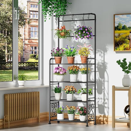 Plant Stand Indoor Outdoor Heavy Duty Metal - 68.4" Tall 4-Tier Shelf for Multiple Plants, Flowers, Rustproof Black Storage Rack for Patio, Balcony, Living Room, Garden, Includes Hooks&Adjustable Feet