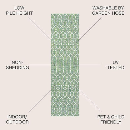 JONATHAN Y SMB108L-210 Ourika Moroccan Geometric Textured Weave Indoor Outdoor Runner Rug, Bohemian, Rustic, Scandinavian Easy-Cleaning,Bedroom,Kitchen,Backyard,Patio,Non Shedding, Ivory/Green, 2 X 10