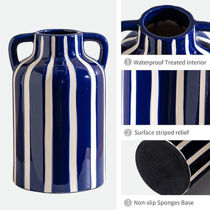 Ceramic Blue and White Checkered Stripes Vase with Handles, Modern Bohemian Floral Navy Blue Vases for Centerpieces, Cottage Core Home Decor, Flower Vases for Bouquet Mantle Bedroom Bookshelf 9.1 in
