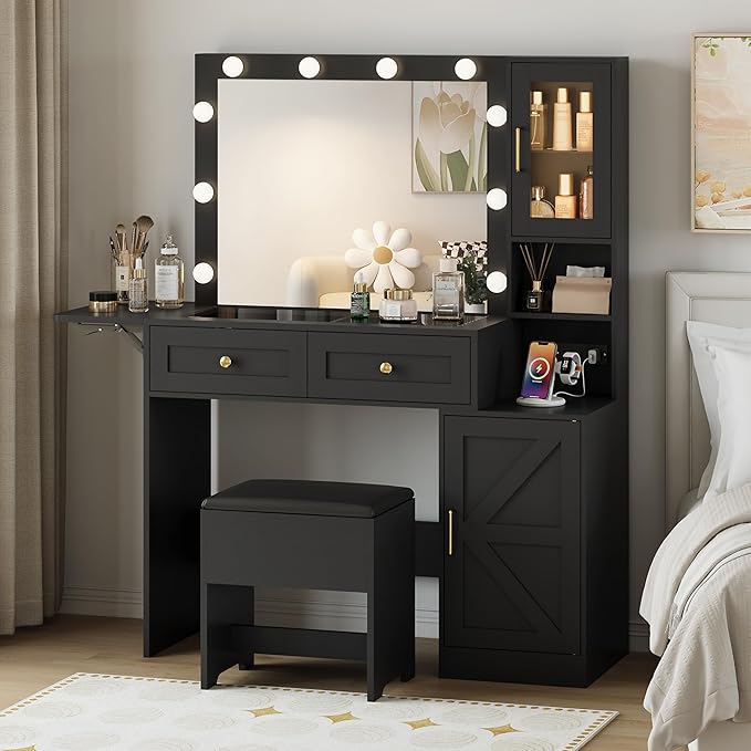 Makeup Vanity Desk with Mirror and Lights, Black Vanity Table with LED Lighted Mirror & Power Outlet, Dressing Table with Chair, Large Storage Drawer & Cabinet, and Foldable Panel for Girls’ Bedroom