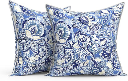 Outdoor Throw Pillow Covers Pack of 2, Decorative Water Repellent Square Pillow Cases 18x18 Inch, Patio Pillowcases for Home Patio Furniture Use, Floral Bluish Violet