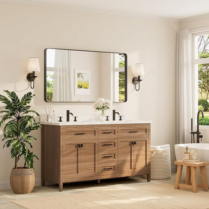 TETOTE 55 x 30 Inch Bathroom Mirror, Matte Black Modern Metal Frame Rectangle Modern Farmhouse Wall Mounted Vanity Mirror (Horizontal/Vertical)