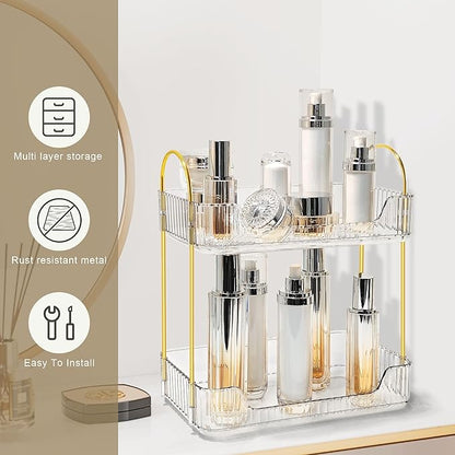 Bathroom Counter Organizer Countertop Storage Skincare Countertop Makeup Organizer Cosmetics Skincare Organizers Holder for Perfume-Clear-golden pole
