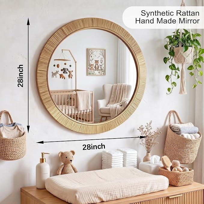 28"x28" inch Large Round Rattan Mirror for Wall, Boho Decorative Wicker Mirror Waterproof Synthetic Rattan Frame, for Bathroom, Bedroom, Living Room, Entryway