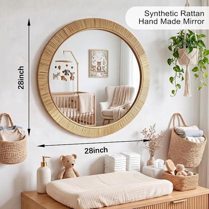 28"x28" inch Large Round Rattan Mirror for Wall, Boho Decorative Wicker Mirror Waterproof Synthetic Rattan Frame, for Bathroom, Bedroom, Living Room, Entryway