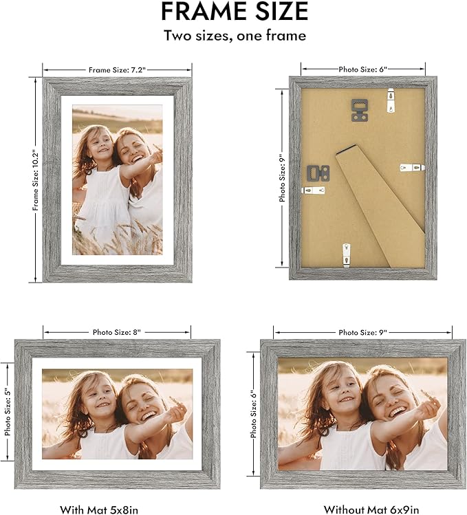 6x9 Picture Frame with Glass, Display Pictures 5x8 with Mat or 6 x 9 without Mat - Wall and Tabletop, 6 by 9 Photo Wooden Frames (Grey, 1 Pack)
