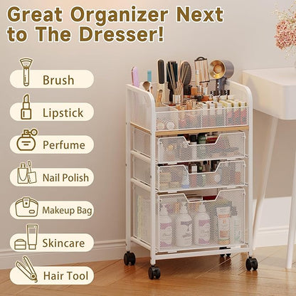 Makeup Cart Organizer with 3 Drawers,Floor Skincare Organizers with Dividers, Vanity Organizer Cosmetics Display Cases Holder for Skin Care Nail Polish Perfume Makeup brush Hair Tool,White