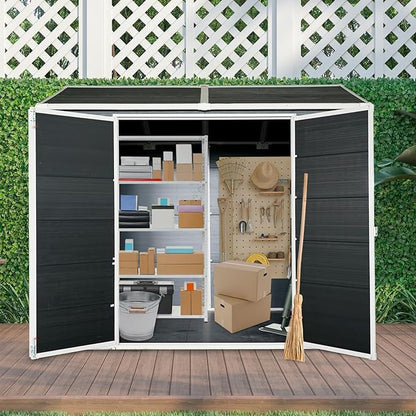 8x6 FT Outdoor Storage Resin Shed with Floor, Plastic Garden Bike Shed with Sloped Roof, Lockable Door & Windows, Easy to Assemble Tool Shed for Lawn, Backyard, Patio, Black