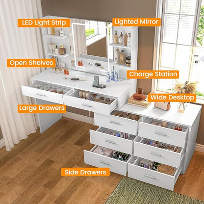 Vanity Makeup Desk with LED Light Mirror & Power Outlet, 8 Drawers, 6 Storage Shelves, 3 Color Modes & Adjustable Brightness Dressing Table, Corner Vanity, L Shape Change, 39.4”Desk, White