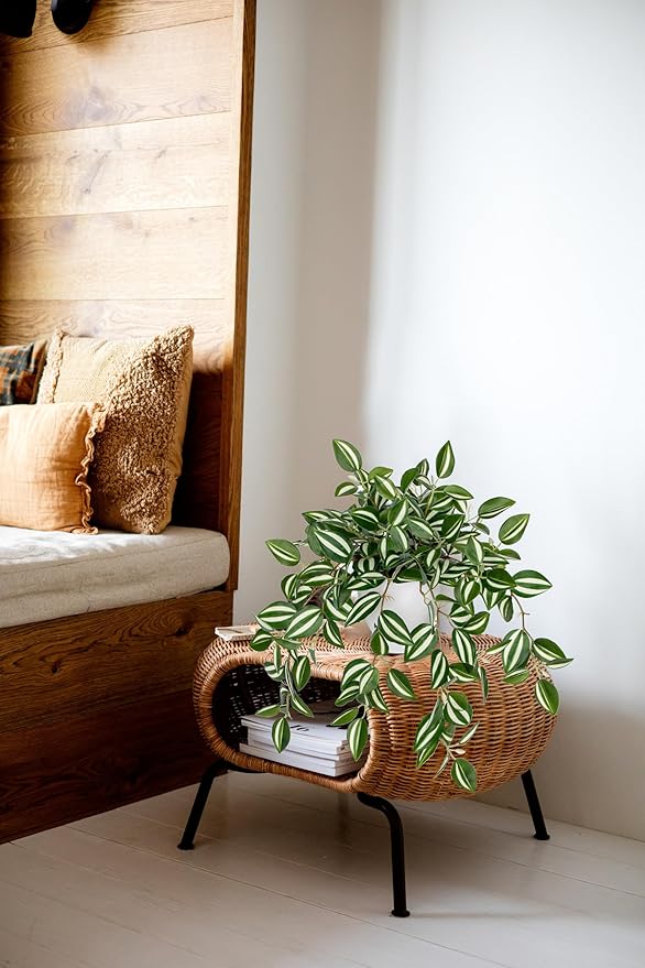 Briful Fake Plants Indoor Artificial Potted Silk Plants Faux Watermelon Peperomia Cascading Vine Plant for Home Office Livingroom Desk Shelf Mantle Decoration(Green/White - 1 Pack)