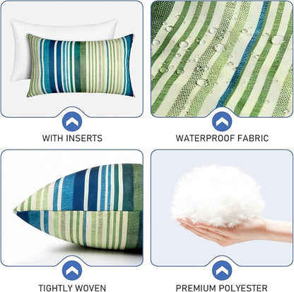 Pack of 2 12x20 Outdoor Pillows, Waterproof Throw Pillows with Inserts, Decorative Lumbar Pillows for Patio, Garden, Couch, Furniture, Sofa, Bed, Living Room(Stripe Blue Green)