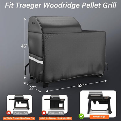 Grill Cover for Traeger Grills Woodridge Electric Wood Pellet Grill and Smoker, Upgraded Full-Length Heavy Duty Waterproof Anti-UV Cover for Traeger Woodridge Grills BAC761 TFB86MLH