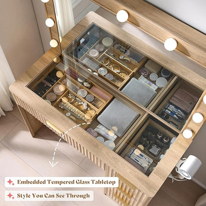 AMERLIFE 36.2" Fluted Vanity Desk with Large Mirror and Adjustable LED Lights, 4 Drawers Makeup Table with Glass Top and Charging Station for Women and Girls, Bedroom or Dorm, Oak