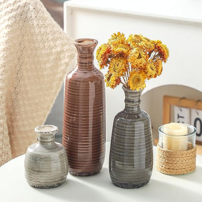 Ceramic Vases Set of 3, Neutral Rustic Farmhouse Vases Home Decor Decorative Flower Vase Modern Boho Pampass Vase for Table Mantel Entryway Shelf Living Room Kitchen Bathroom - Brown