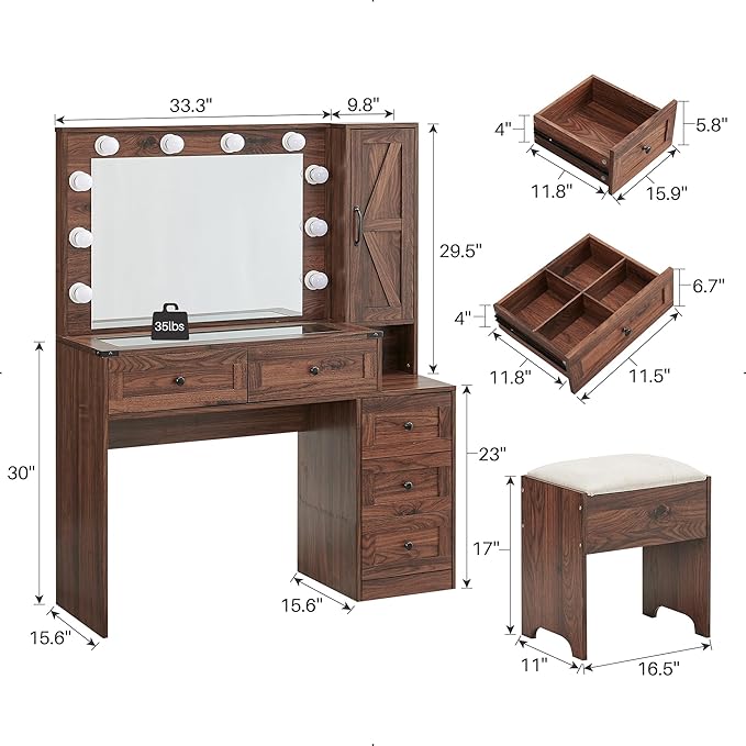 JXQTLINGMU Farmhouse Vanity Makeup Desk with Charging Station, 43" W Vanity Desk with Lights Mirror and Drawers for Makeup, Big Modern Makeup Table Set with Stool for Bedroom, Brown