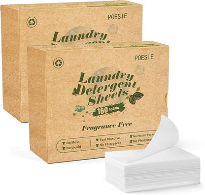 Poesie Laundry Detergent Sheets Fragrance Free 320 Sheets Liquid Free Travel Laundry Soap Non-Plastic Jug Camping Laundry Strips for Home & Outdoor