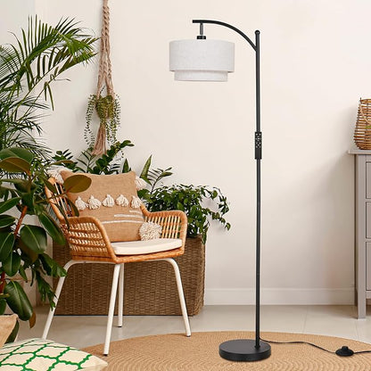 SUNMORY Floor Lamps for Living Room with 12W Remote and Dimmable Bulb, LED Arc Lamp, Modern Floor Lamps with Adjustable Double Fabric Shades, Tall Standing Lamp for Bedroom, Corner, Home Decor