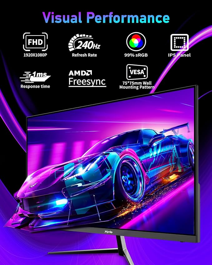Gaming Monitor, 23.8'' Gaming Monitor FHD(1920x1080) 240Hz, Computer Gaming Monitors w/AMD FreeSync|1ms Display, Gaming Monitors w/ 100% sRGB, Build-in Speakers, VESA, Eye Care|Anti-Glare|Black