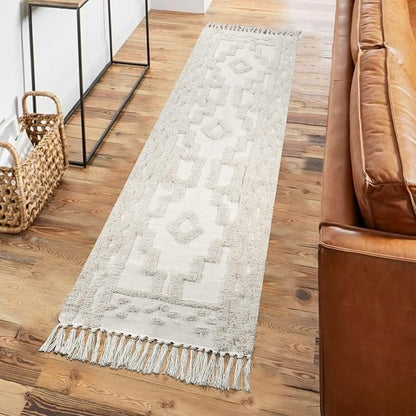 Uphome Boho Runners for Hallways 2' x 8', Washable Farmhouse Entryway Runner Rug, Cotton Tufted Bedroom Runner Rugs, Bohemian Tribal Throw Aesthetic Rug for Kitchen Doorway Bathroom Living Room, Beige
