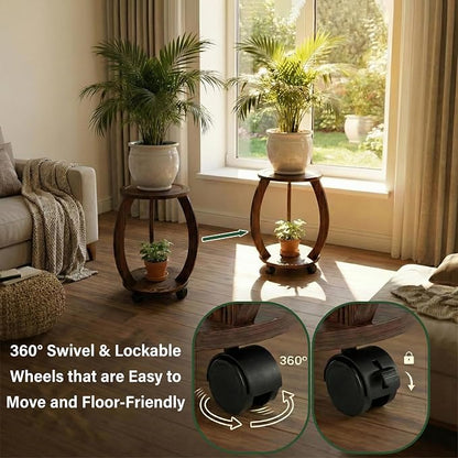 2 Pack 2 Tier Wooden Plant Stand Indoor with Wheels – Tall Plant Stand for 6-12 Inch Pots, Mid-Century Modern Rustic Plant Table Indoor, Pedestal Stand for Corner, Living Room, Balcony