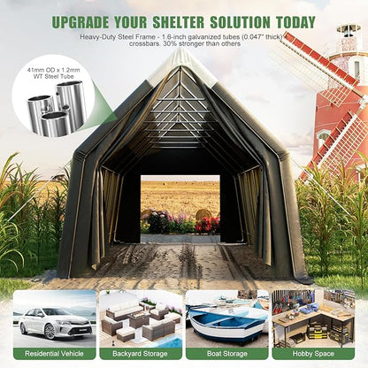 Skyview Portable Garage, 13x24 FT Heavy Duty Carport Canopy with Translucent Roof, Reinforced Metal Frame, Zipper Doors,All-Weather Resistant, Waterproof Outdoor Storage Shelter for Cars/RV/ATV