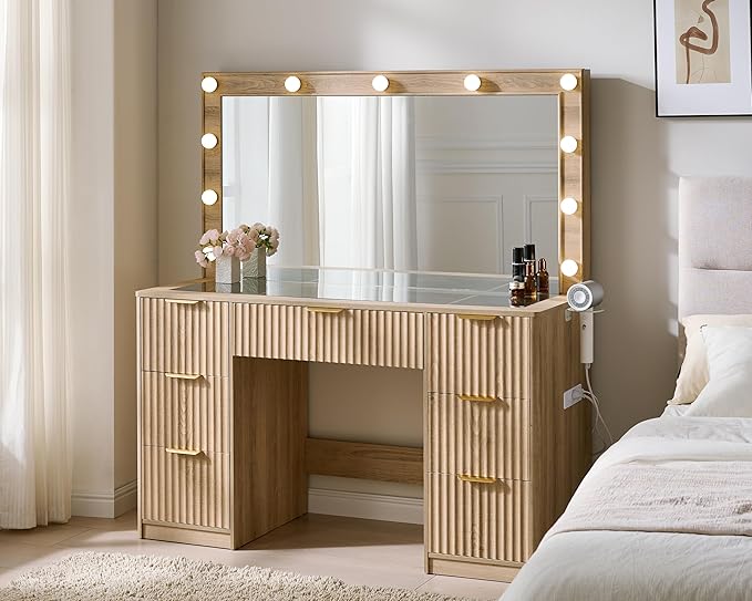AMERLIFE 47.2" Fluted Vanity Desk with Large Mirror and Adjustable LED Lights, 7 Drawers Makeup Table with Glass Top and Charging Station for Women and Girls, Bedroom or Dorm, Oak