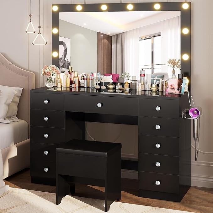 IRONCK 46'' Makeup Vanity Set with LED Mirror & Power Outlet - 11 Drawers, Glass Top, Hair Dryer Rack, Dressing Table with Storage Bench for Bedroom, 3 Lighting Color Adjustable, Black