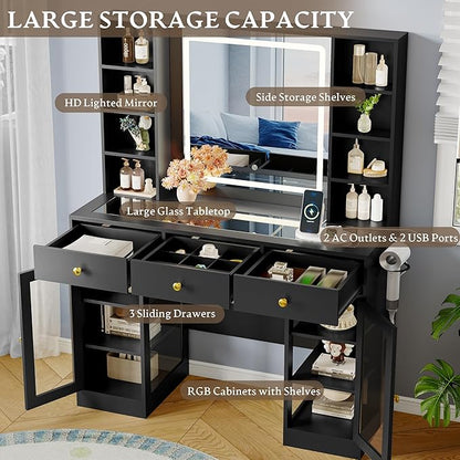 Makeup Vanity Desk with HD Lighted Mirror & Power Outlet, Glass Top Vanity Table Set with Storage Drawers & RGB Cabinets, Large Dressing Table with 3 Lighting Modes for Bedroom Women Girls Kids, Black