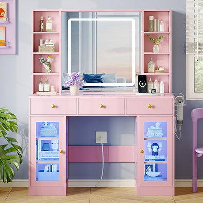 Makeup Vanity Desk with HD Lighted Mirror & Power Outlet, Glass Top Vanity Table Set with Storage Drawers & RGB Cabinets, Large Dressing Table with 3 Lighting Modes for Bedroom Women Girls Kids, Pink