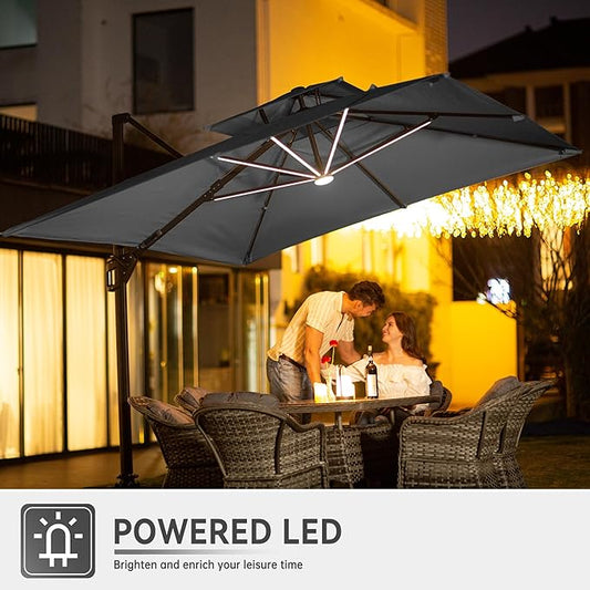 10 X 13 FT Cantilever Outdoor Patio Umbrella with Base Included Large Heavy Duty 360° Rotation Double Top Offset Rectangular Umbrellas with Led Lights for Backyard Outside Deck,Grey