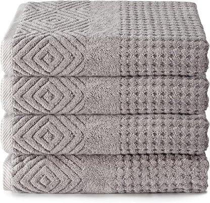 Texere 100% Organic Cotton Diamond Jacquard 700 GSM Luxury Bath Towel Sets - Ultra Soft and Absorbent Hotel and Spa Quality (Diamond, Cathedral Gray, 4 Bath Towels)
