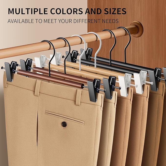 Wooden Pants Hangers with Clips 10 Pack Adjustable Wood Skirt Hangers for Women&Men Space Saving Closet Non Slip Clothes Hanger for Jeans,Trousers,Short,12Inch Natural