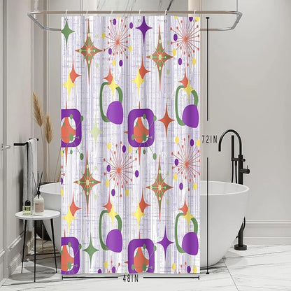 Mid Century Shower Curtain, 48x72inch, Modern Abstract Retro Purple Striped Geometric Shower Curtain Sets 1950s Boho Bathroom Shower Curtain with 8 Hooks