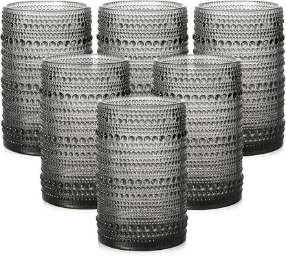 ZMOWIPDL Vintage Glassware Drinking Glasses Set of 6,15 oz Hobnail Glass Cups,Embossed Grey Water Tumbler,for Beer,Cocktail,Whiskey,Juice and Various Mixed Drinks- 1 Cleaning Brush