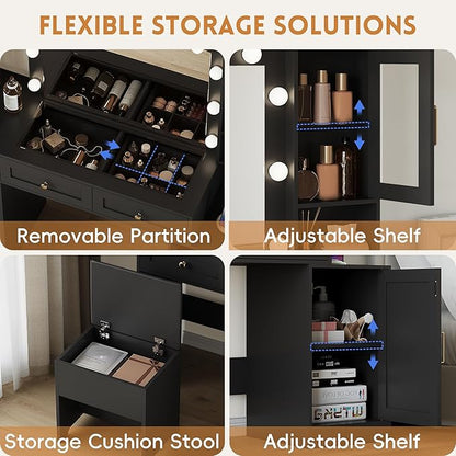 Makeup Vanity Desk with Mirror and Lights, Black Vanity Table with LED Lighted Mirror & Power Outlet, Dressing Table with Chair, Large Storage Drawer & Cabinet, and Foldable Panel for Girls’ Bedroom