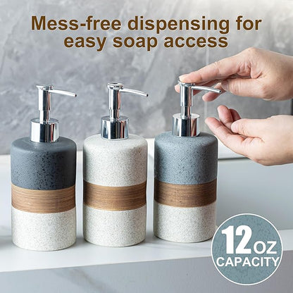 Ceramic Dish Soap Dispensers Set(2 Pack), Hand, Dish, Shower Soap Dispenser for Kitchen Sink & Bathroom, Includes Stainless Steel Pump, Silicone Funnel & Diatomaceous Holder, Black